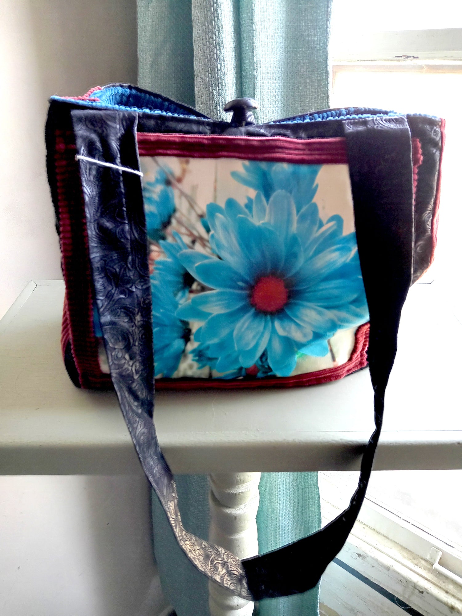 Bold Red Crossbody Purse with Blue Flower Accent
