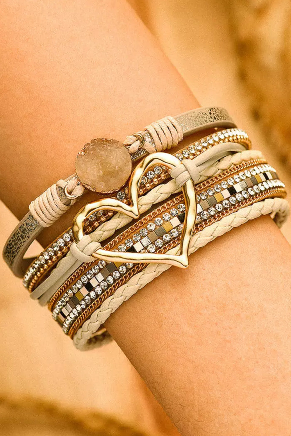 Beige Bohemian Heart Rhinestone Magnetic Bracelet